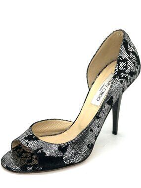Jimmy Choo GINO Black Metallic Suede Silver Open Toe Sandals Shoes Heels